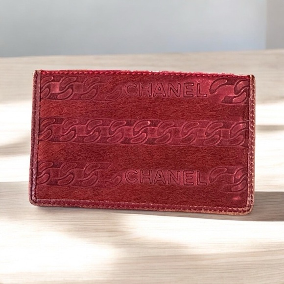 Authentic CHANEL Red Pony Hair Embossed Leather & Suede Card Holder Pouch - Picture 1 of 13